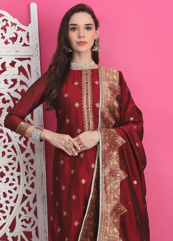 3 Pc Maroon Unstitched Silk Suit Set - Image 2