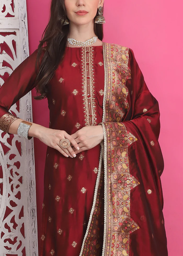 3 Pc Maroon Unstitched Silk Suit Set - Image 3