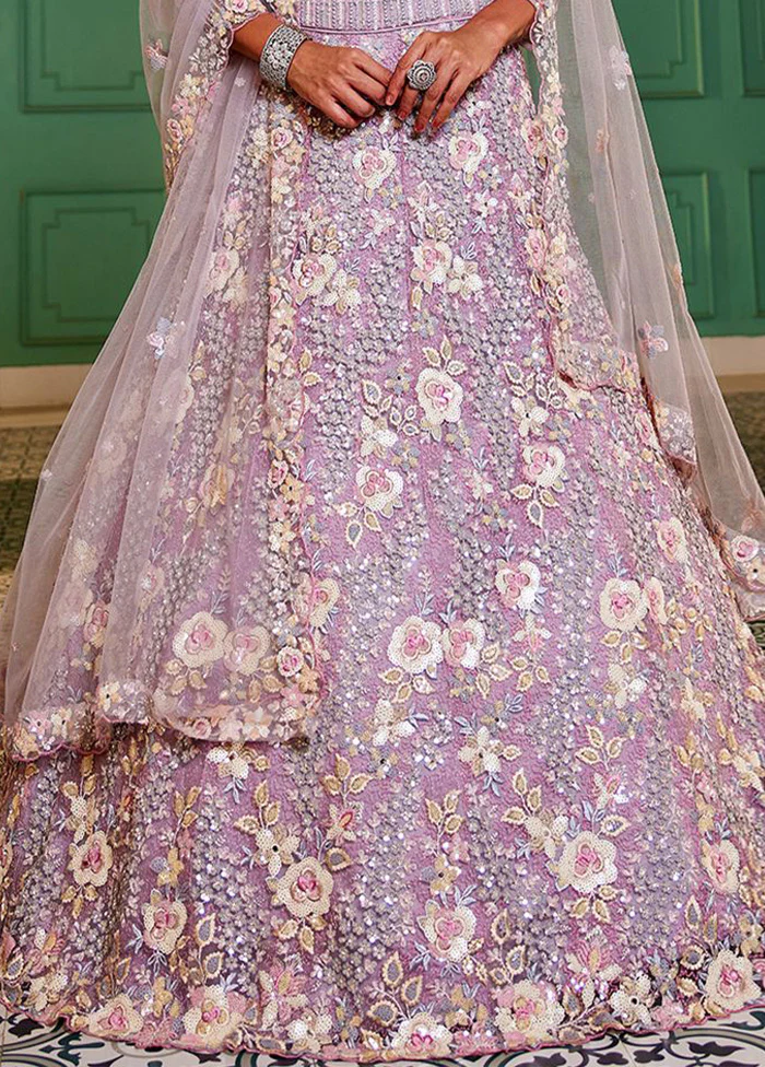 3 Pc Mauve Silk Semi Stitched Lehenga Set - Image 3