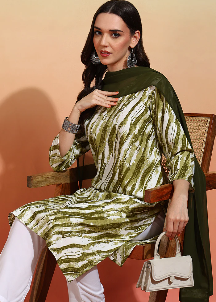 3 Pc Mehendi Green Readymade Silk Dupatta Suit Set - Image 2