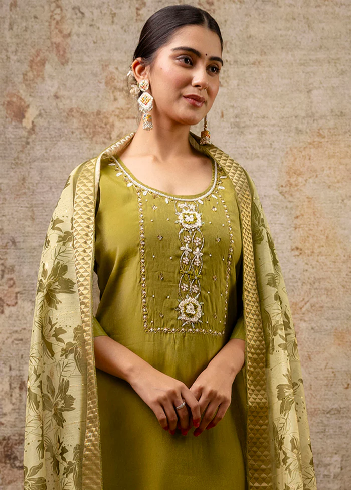 3 Pc Mehendi Readymade Silk Dupatta Suit Set - Image 2