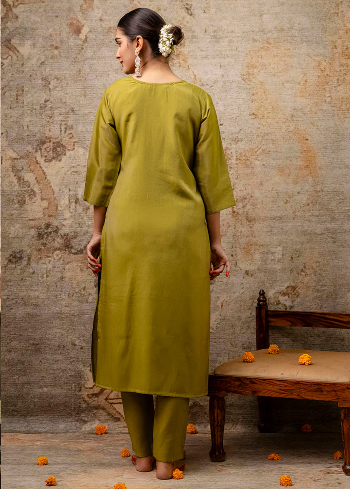 3 Pc Mehendi Readymade Silk Dupatta Suit Set - Image 3
