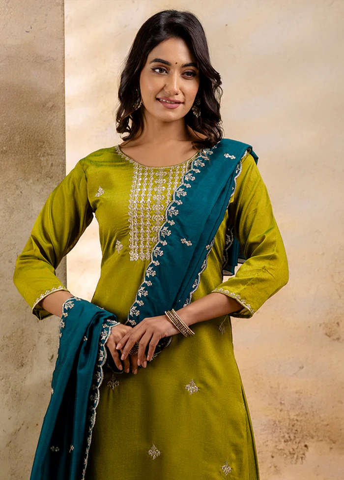3 Pc Mehendi Readymade Silk Dupatta Suit Set - Image 2