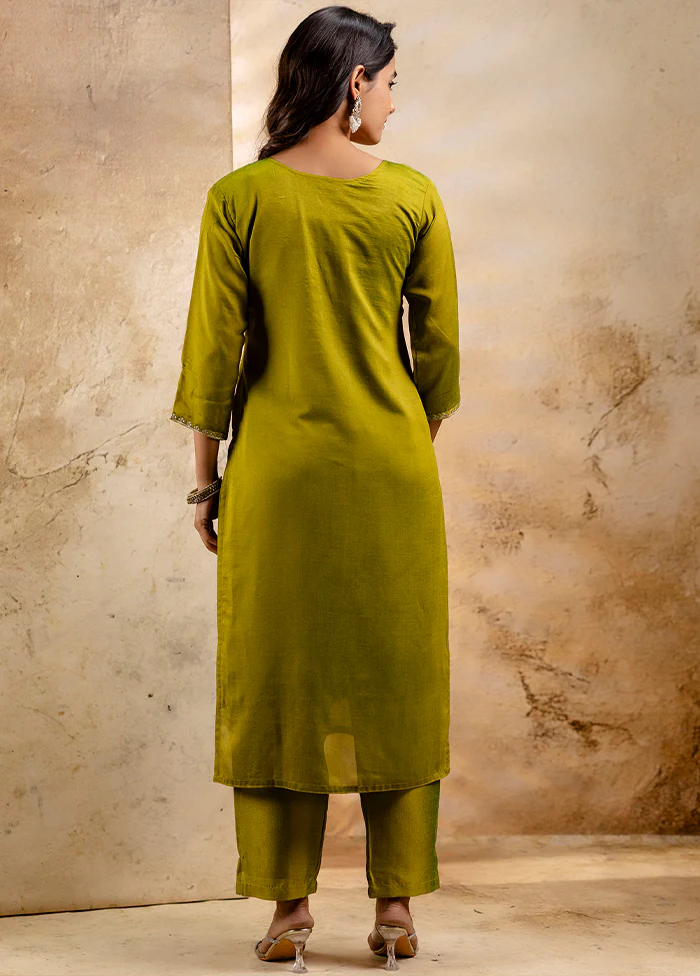 3 Pc Mehendi Readymade Silk Dupatta Suit Set - Image 3