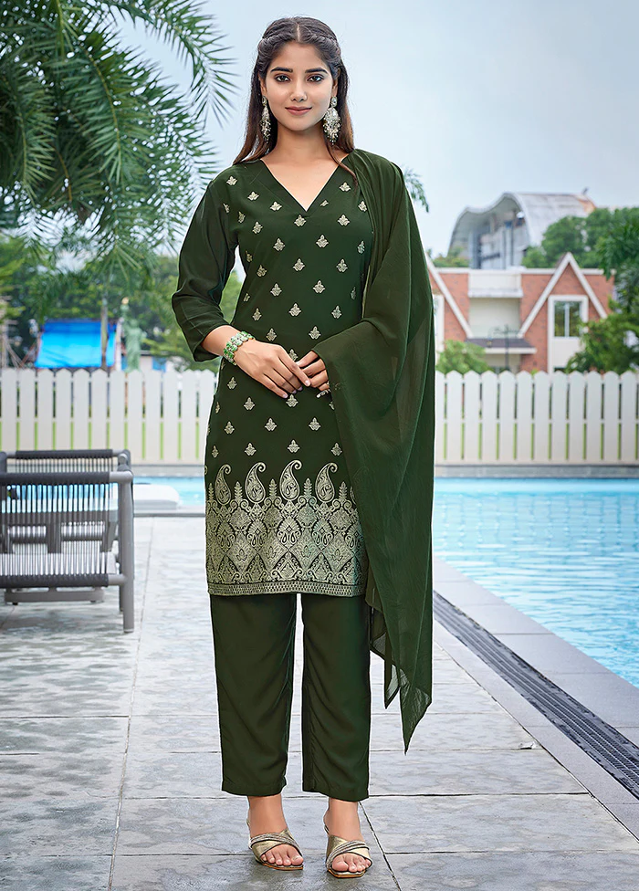3 Pc Mehendi Readymade Silk Suit Set