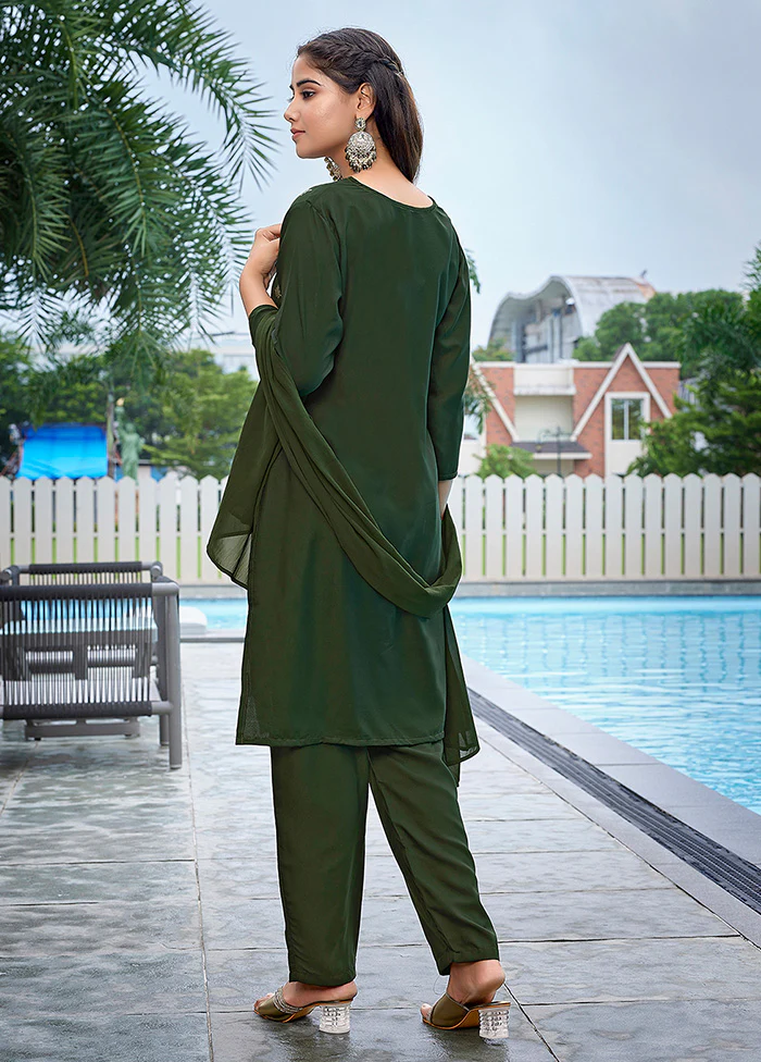 3 Pc Mehendi Readymade Silk Suit Set - Image 2