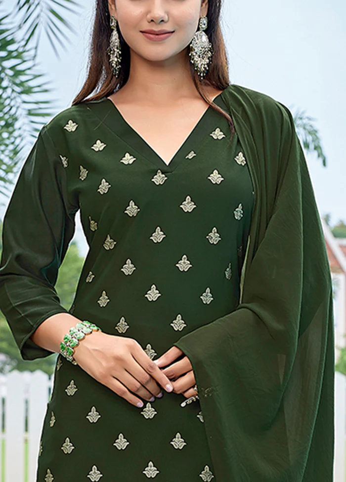 3 Pc Mehendi Readymade Silk Suit Set - Image 3