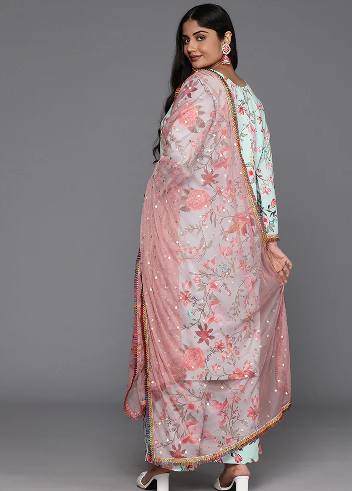 3 Pc Multicolor Readymade Silk Dupatta Suit Set - Image 3