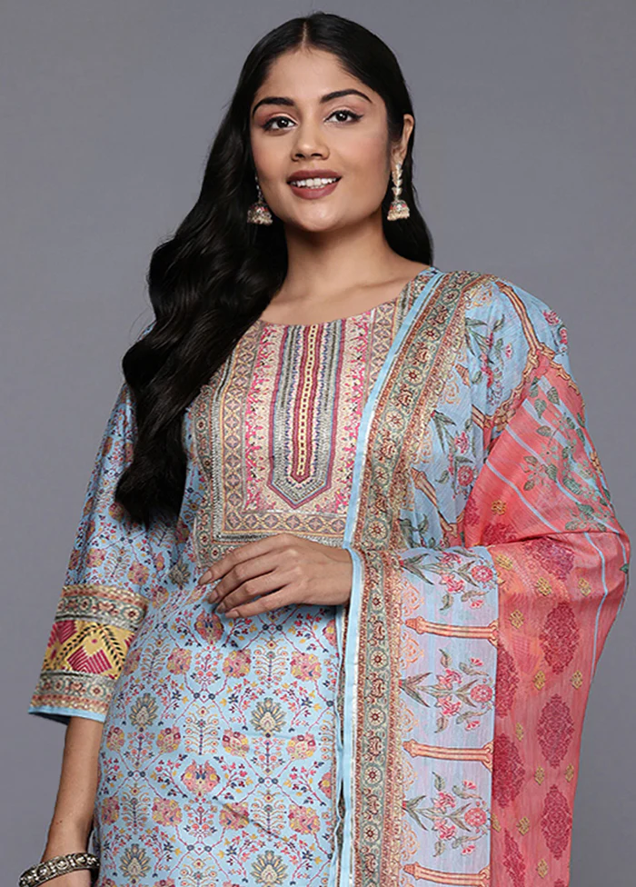 3 Pc Multicolor Readymade Silk Dupatta Suit Set - Image 2