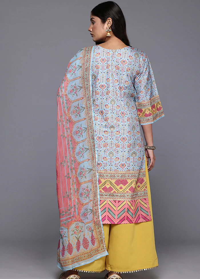 3 Pc Multicolor Readymade Silk Dupatta Suit Set - Image 3