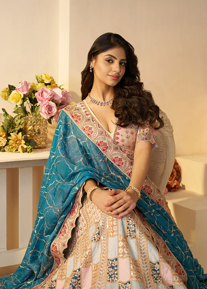 3 Pc Multicolor Silk Semi Stitched Lehenga Set - Image 2