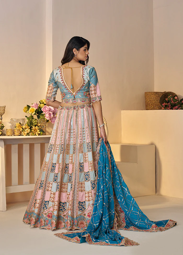 3 Pc Multicolor Silk Semi Stitched Lehenga Set - Image 3