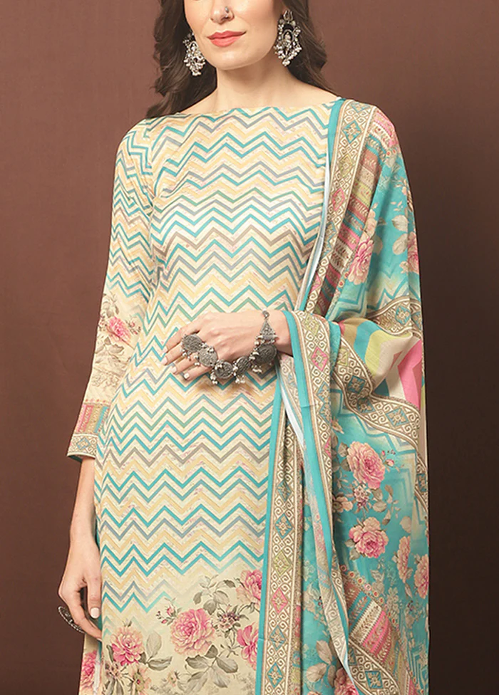 3 Pc Multicolor Unstitched Cotton Suit Set - Image 3