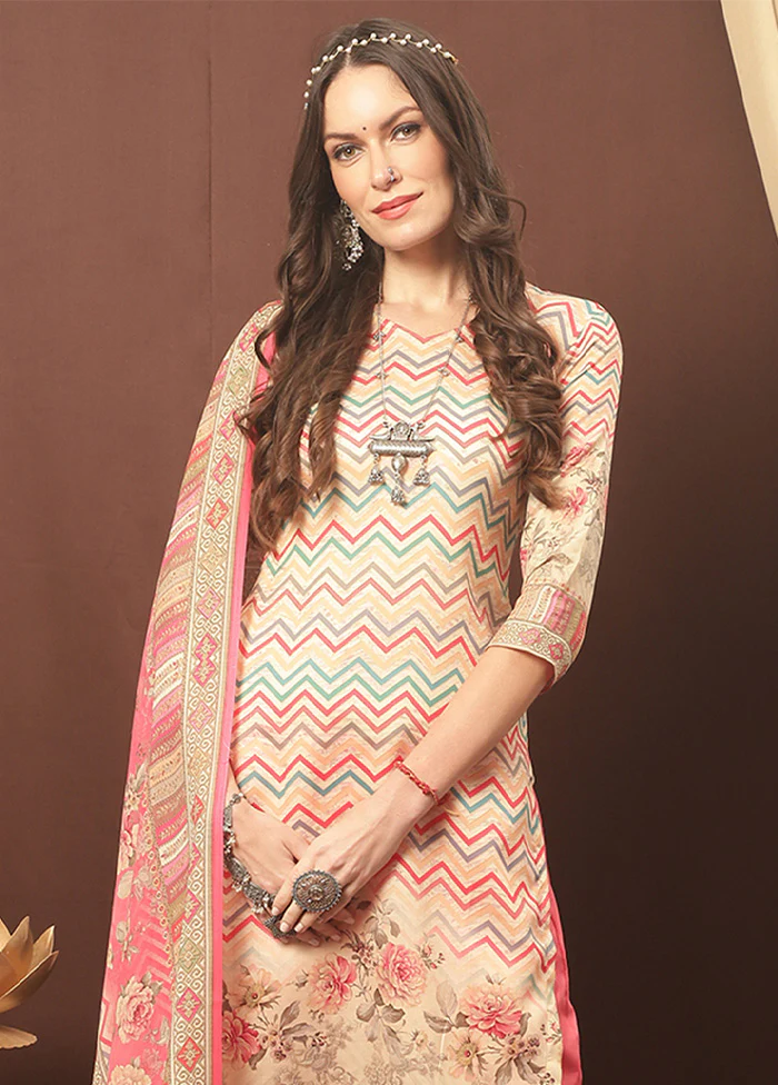 3 Pc Multicolor Unstitched Cotton Suit Set - Image 2