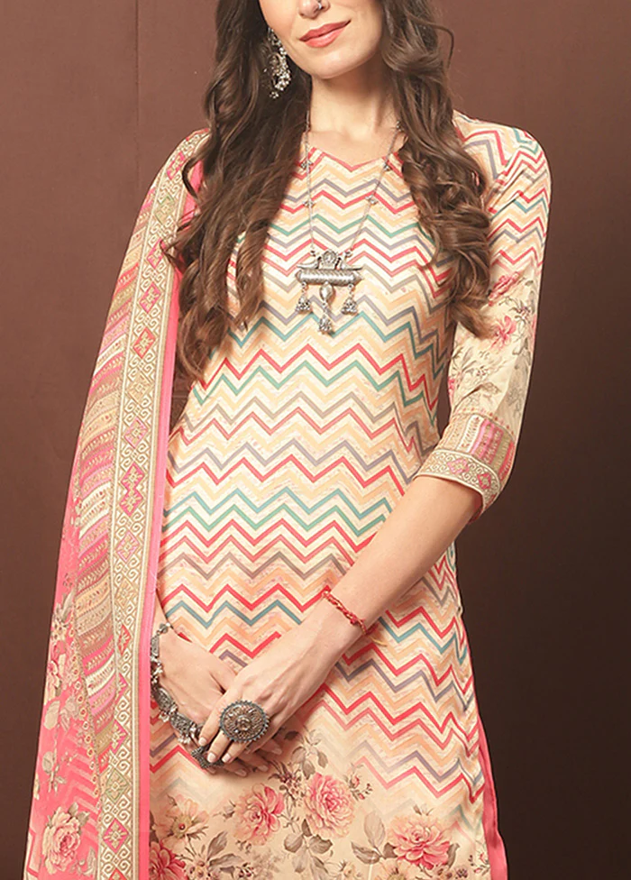 3 Pc Multicolor Unstitched Cotton Suit Set - Image 3