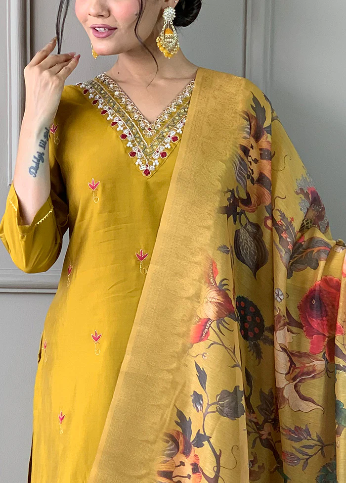 3 Pc Mustard Readymade Chanderi Dupatta Suit Set - Image 3