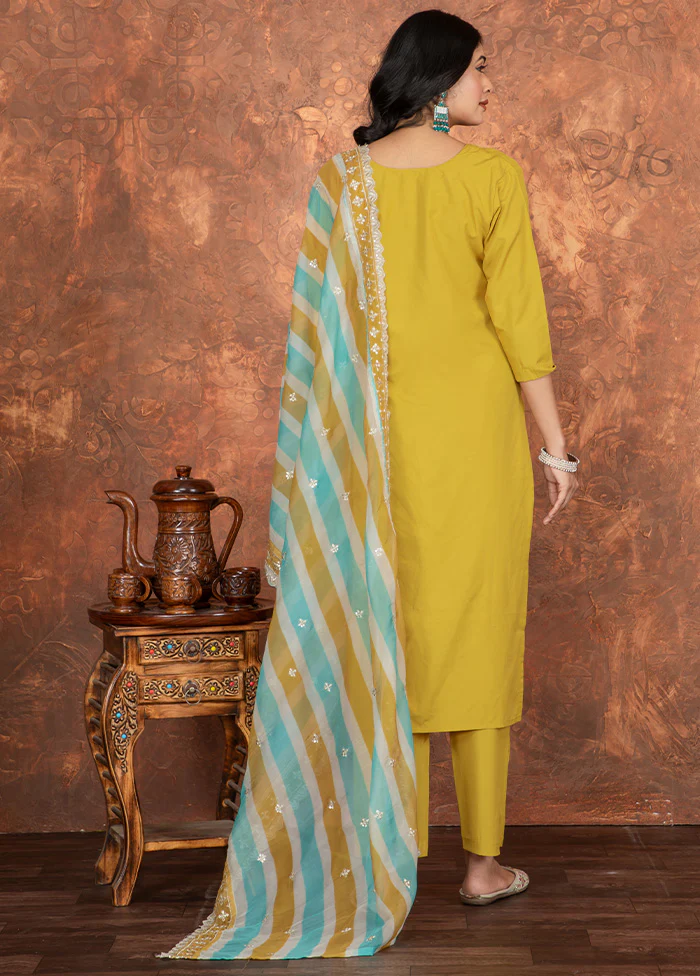 3 Pc Mustard Readymade Chanderi Dupatta Suit Set - Image 2