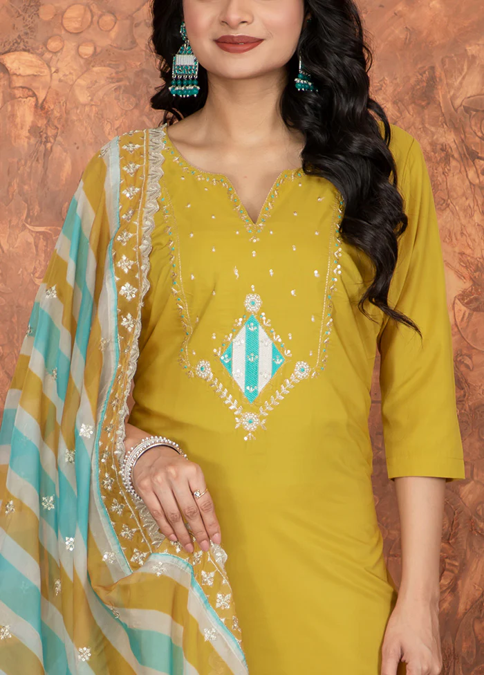 3 Pc Mustard Readymade Chanderi Dupatta Suit Set - Image 3