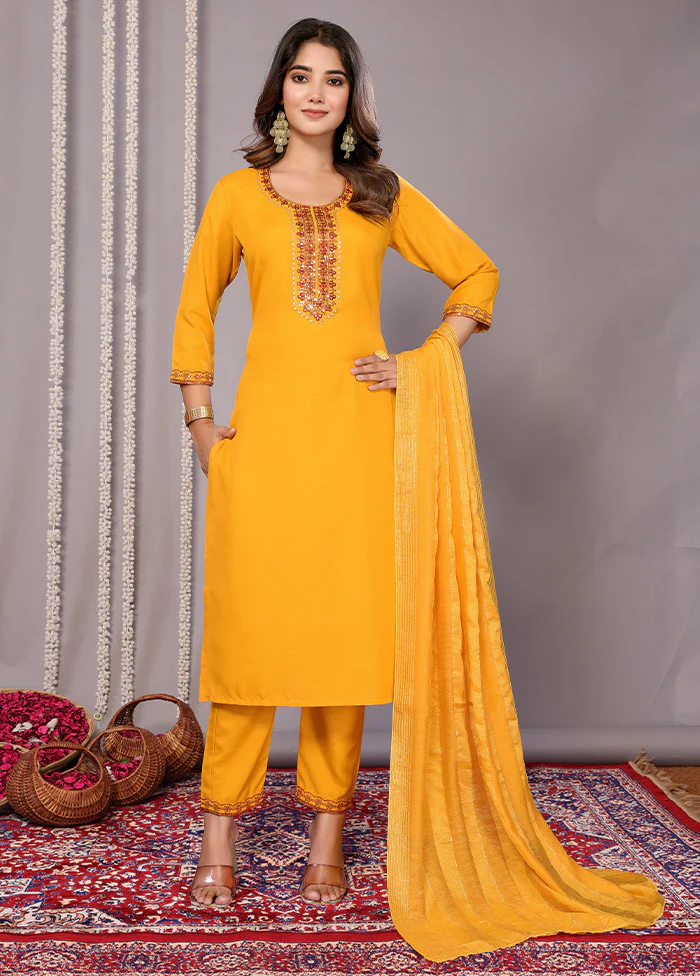 3 Pc Mustard Readymade Cotton Suit Set