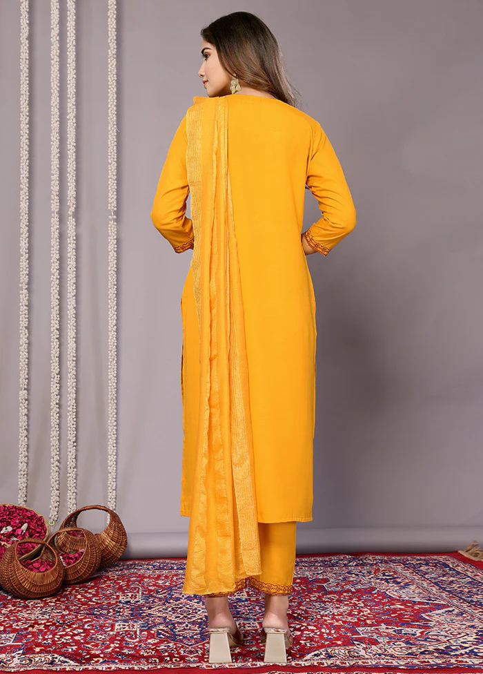 3 Pc Mustard Readymade Cotton Suit Set - Image 2