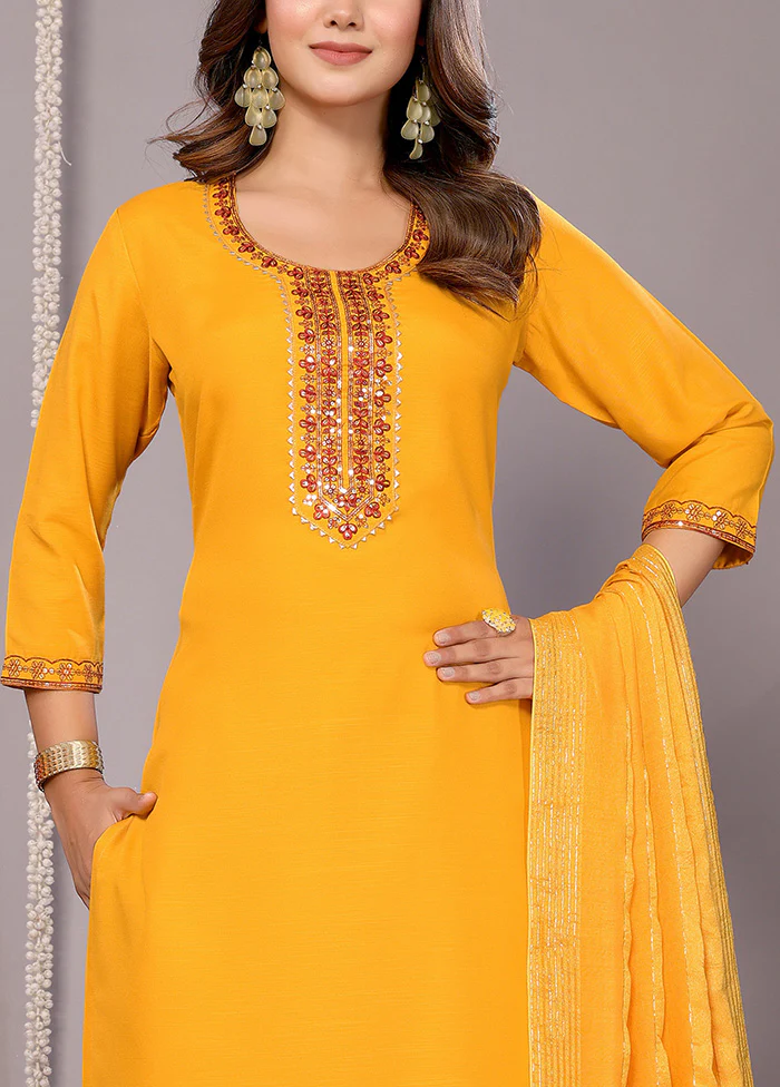 3 Pc Mustard Readymade Cotton Suit Set - Image 3