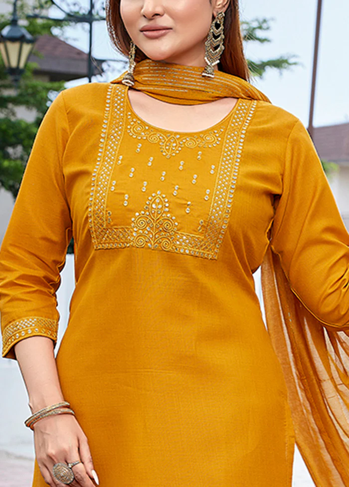 3 Pc Mustard Readymade Cotton Suit Set - Image 3