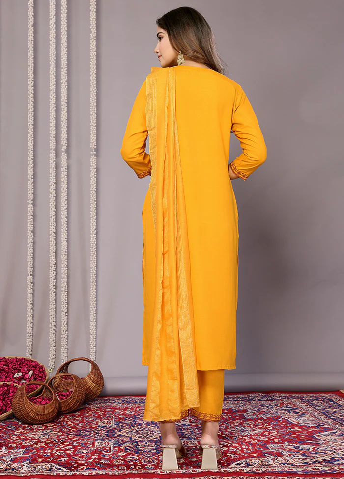 3 Pc Mustard Readymade Cotton Suit Set - Image 2