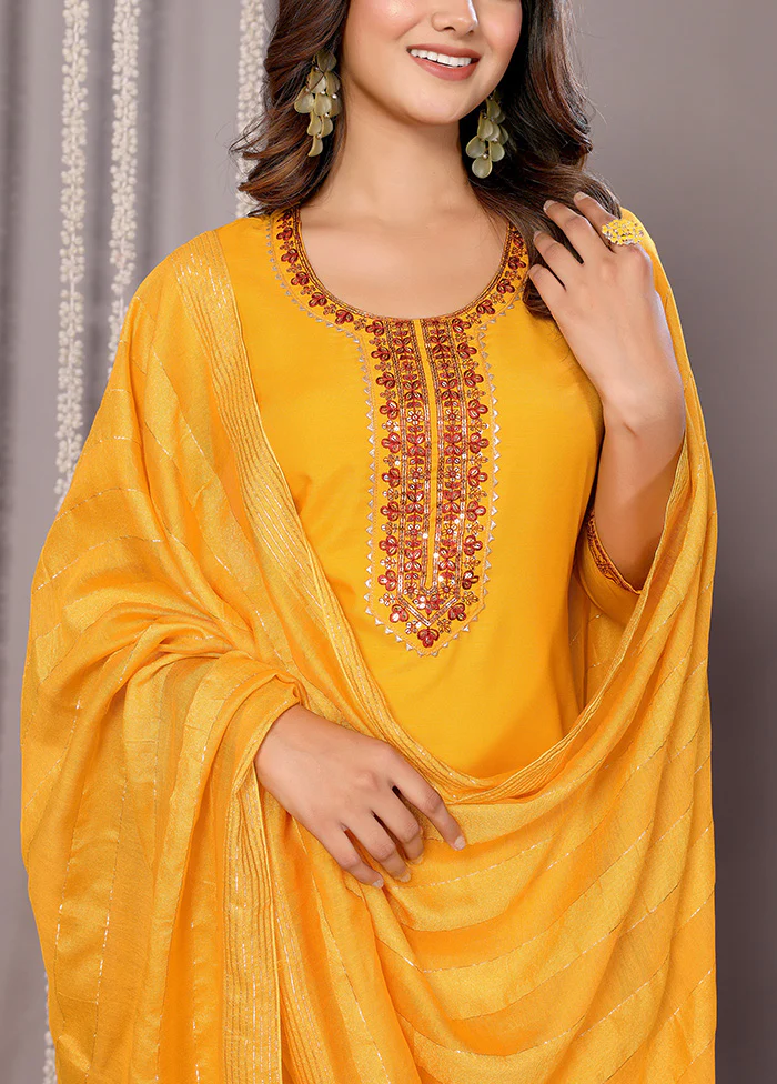 3 Pc Mustard Readymade Cotton Suit Set - Image 3