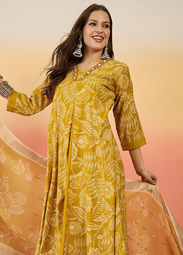 3 Pc Mustard Readymade Silk Dupatta Suit Set - Image 2