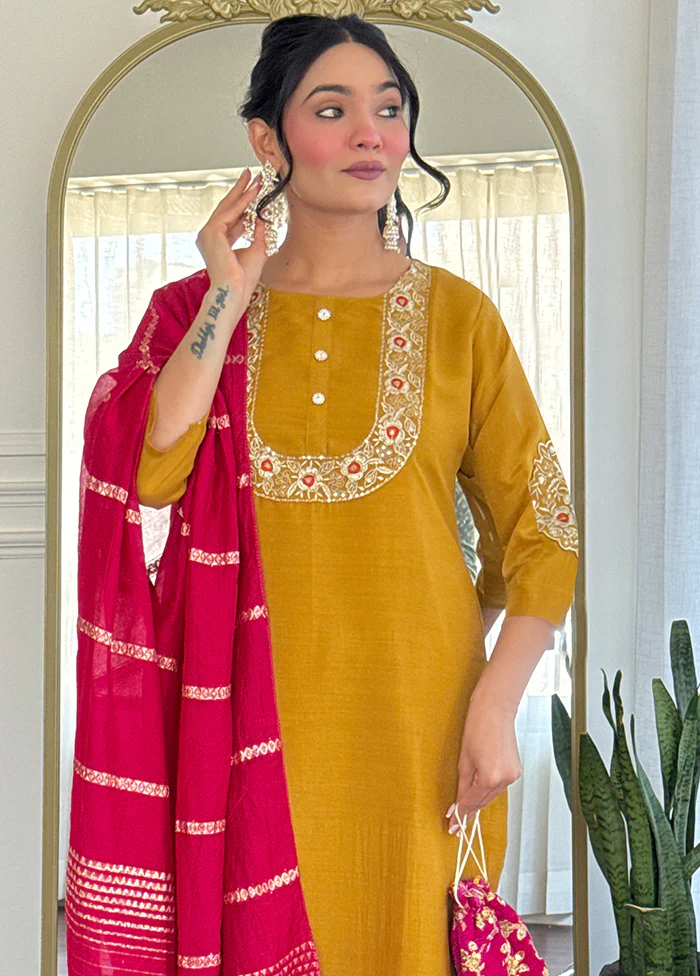 3 Pc Mustard Readymade Silk Dupatta Suit Set - Image 2