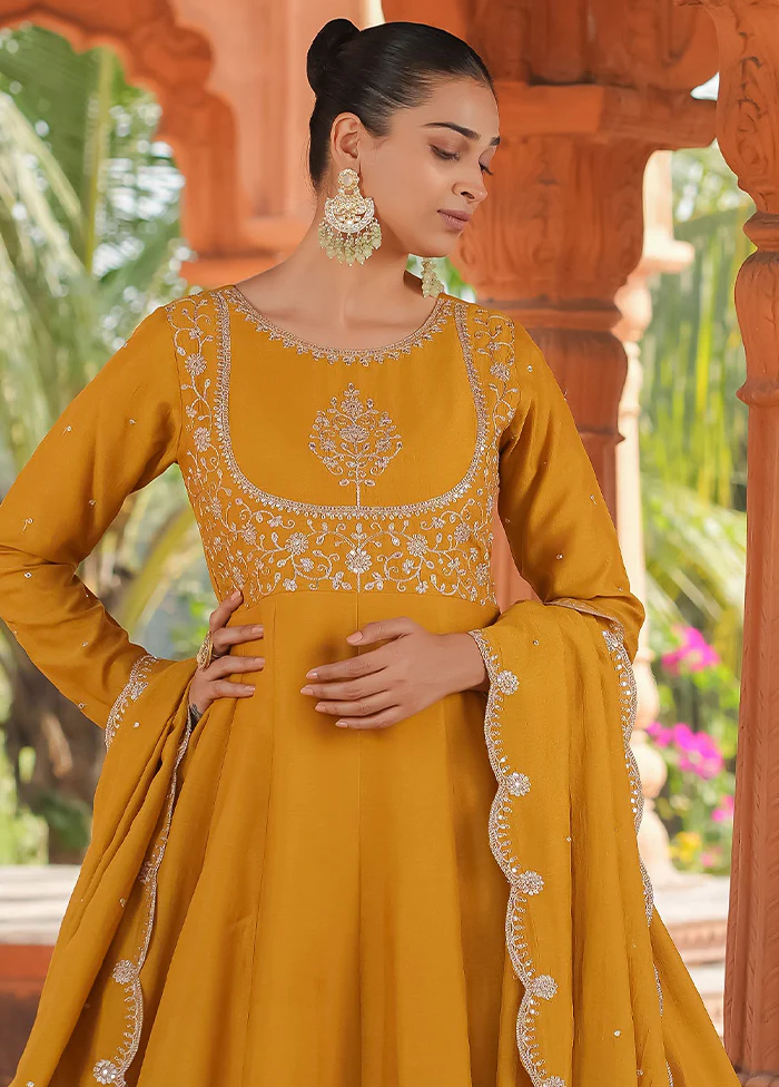 3 Pc Mustard Readymade Silk Dupatta Suit Set - Image 2