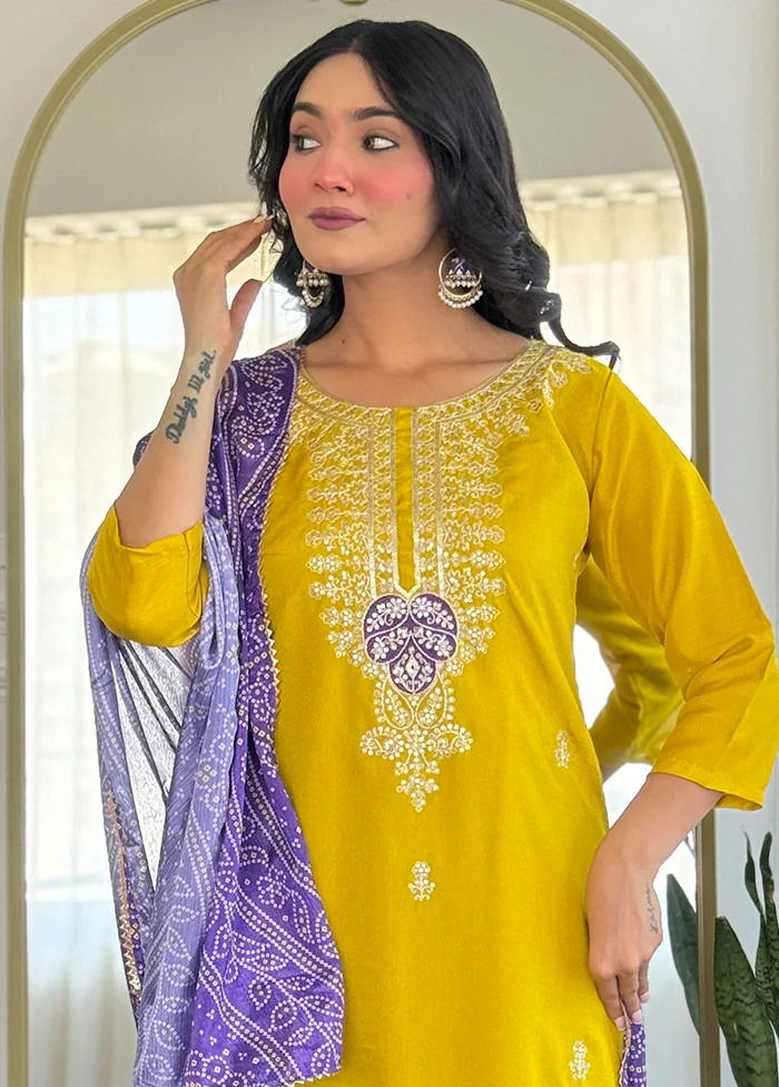3 Pc Mustard Readymade Silk Dupatta Suit Set - Image 2