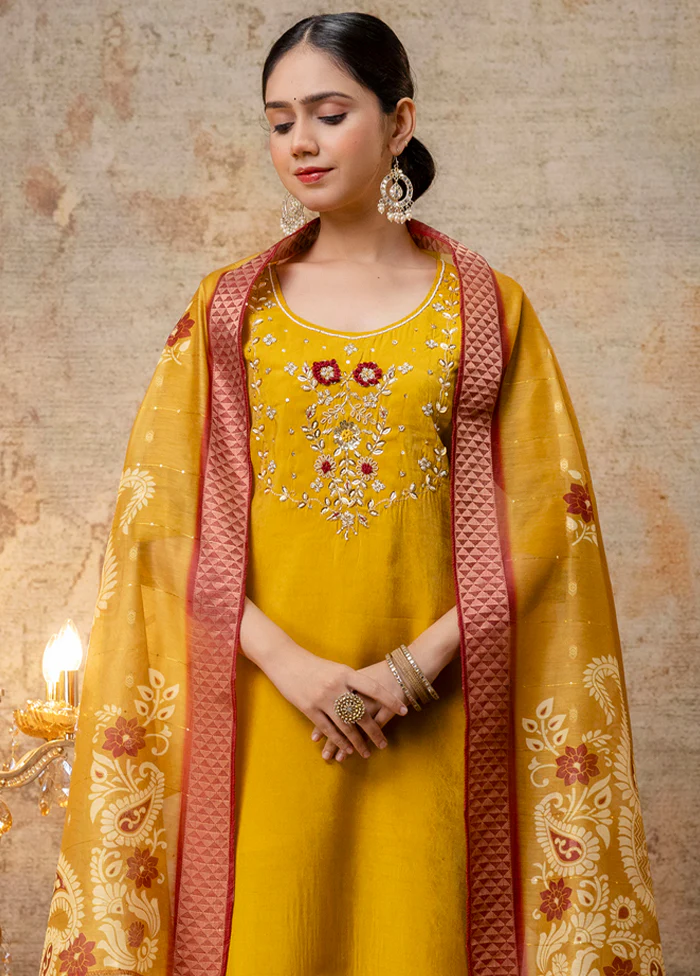 3 Pc Mustard Readymade Silk Dupatta Suit Set - Image 2