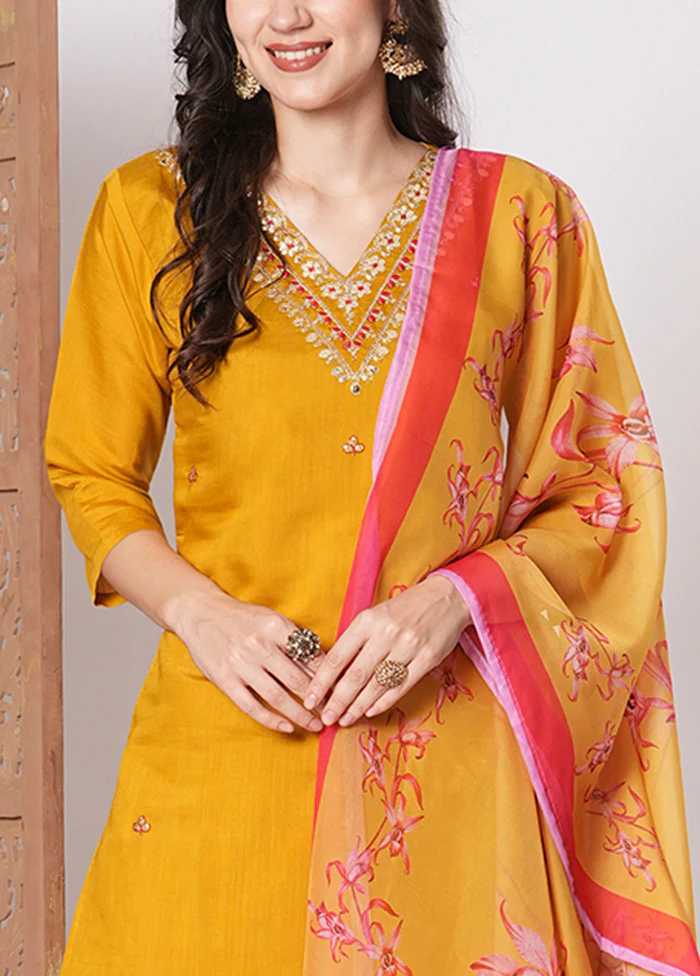 3 Pc Mustard Readymade Viscose Dupatta Suit Set - Image 3