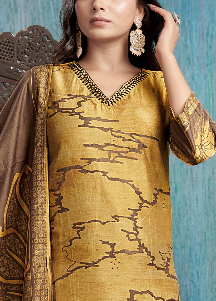 3 Pc Mustard Readymade Viscose Dupatta Suit Set - Image 3
