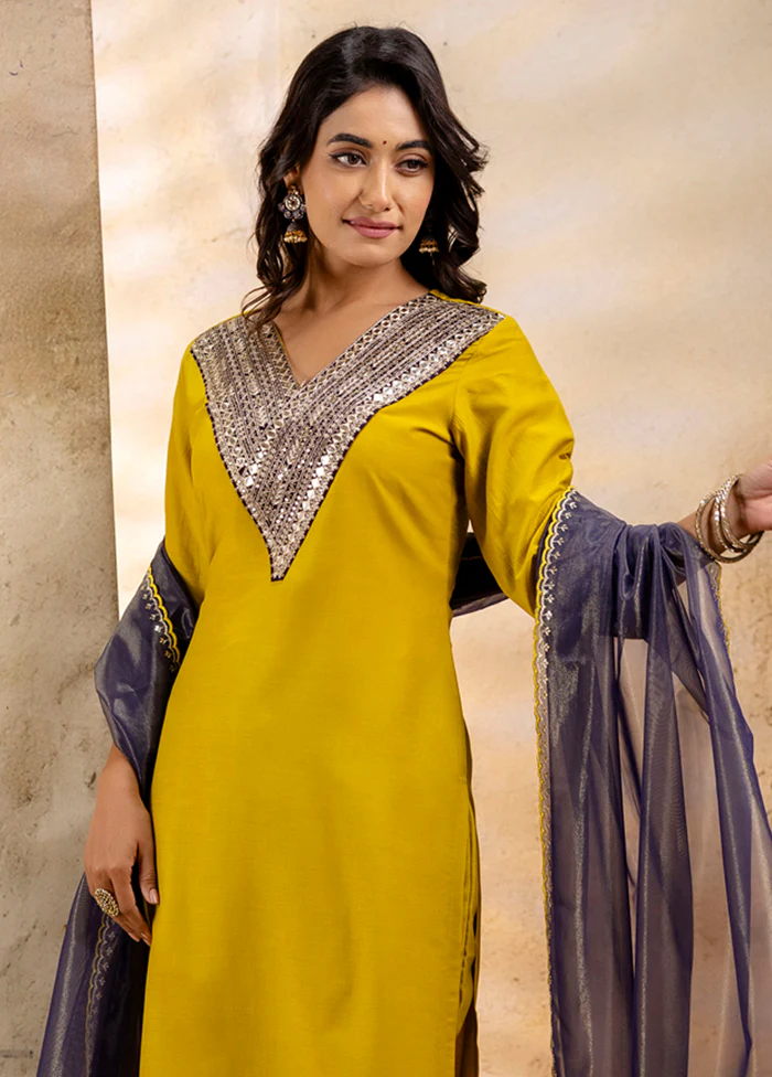 3 Pc Mustard Readymade Viscose Dupatta Suit Set - Image 2