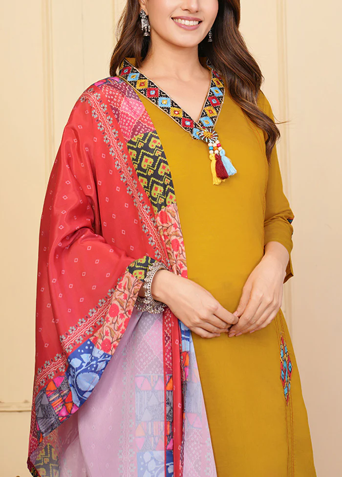 3 Pc Mustard Readymade Viscose Suit Set - Image 3