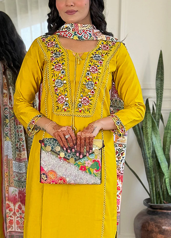 3 Pc Mustard Readymade Viscose Suit Set - Image 3