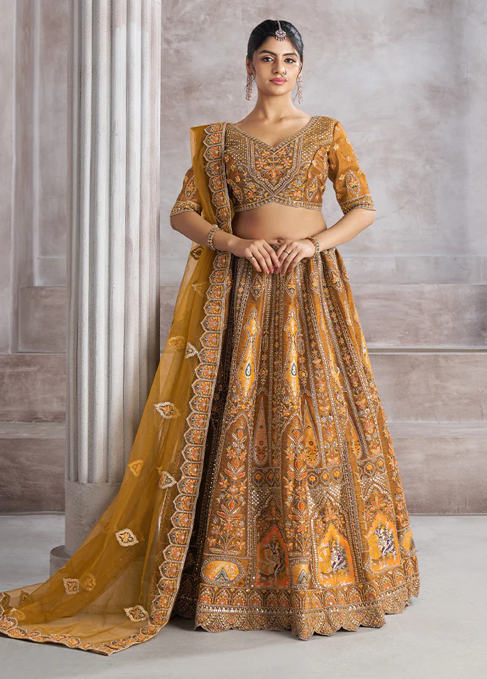 3 Pc Mustard Silk Semi Stitched Lehenga Set