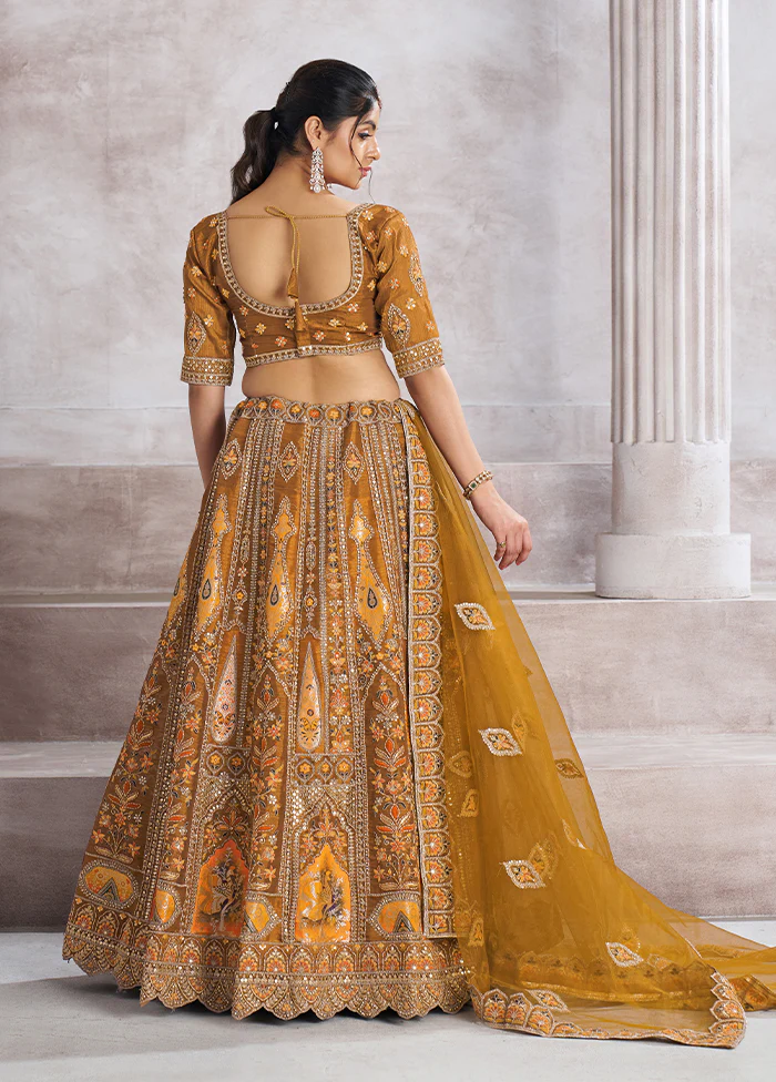 3 Pc Mustard Silk Semi Stitched Lehenga Set - Image 3