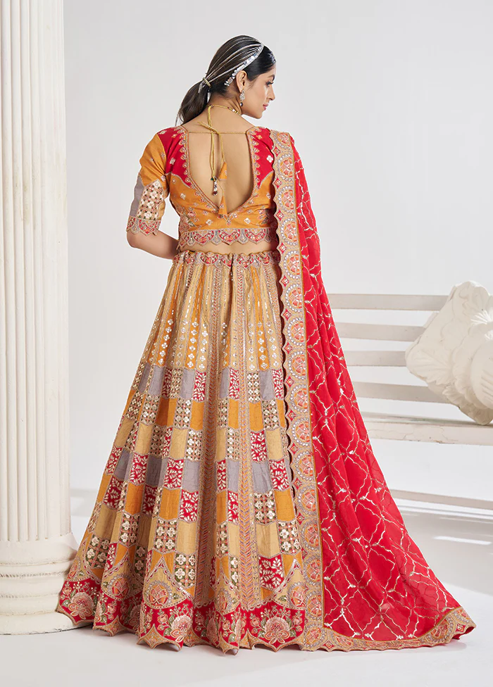 3 Pc Mustard Silk Semi Stitched Lehenga Set - Image 3