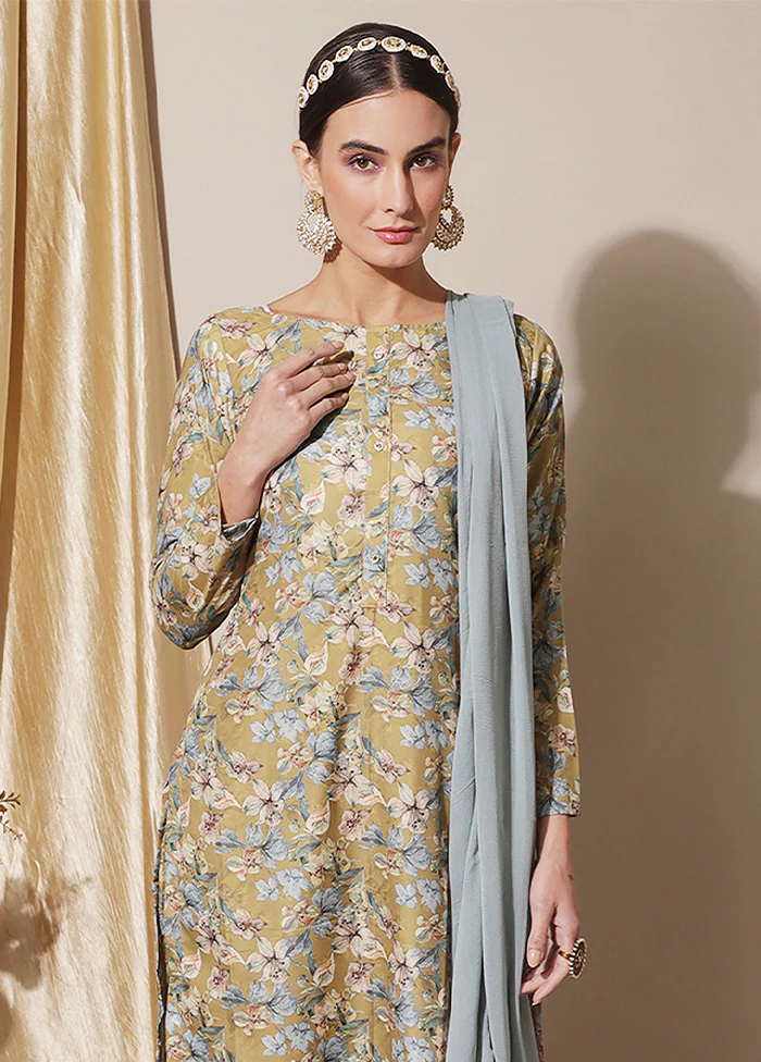 3 Pc Mustard Unstitched Silk Suit Set - Image 2