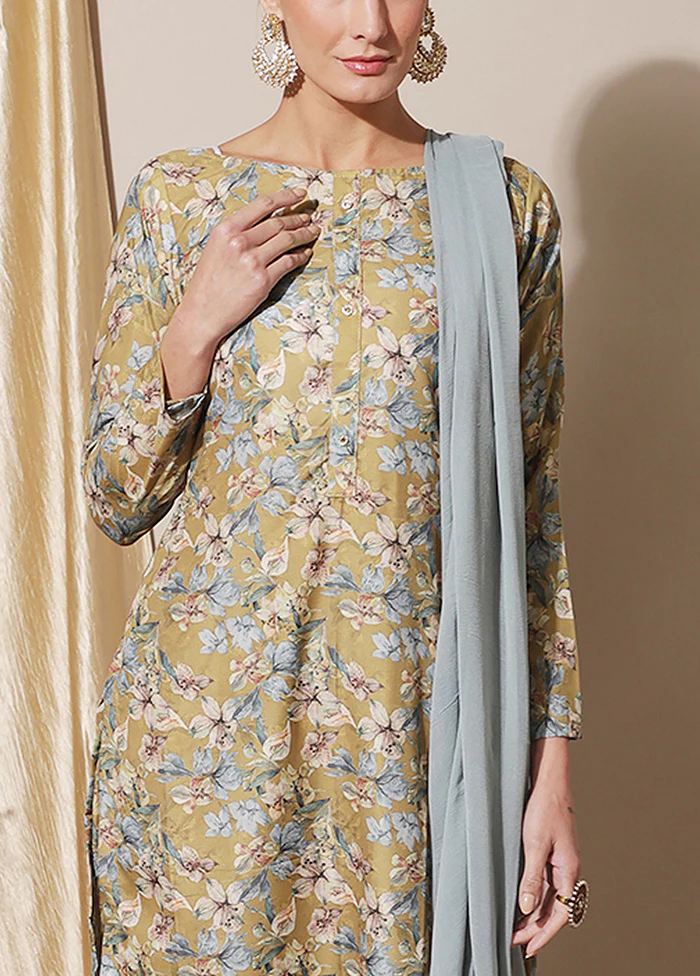 3 Pc Mustard Unstitched Silk Suit Set - Image 3