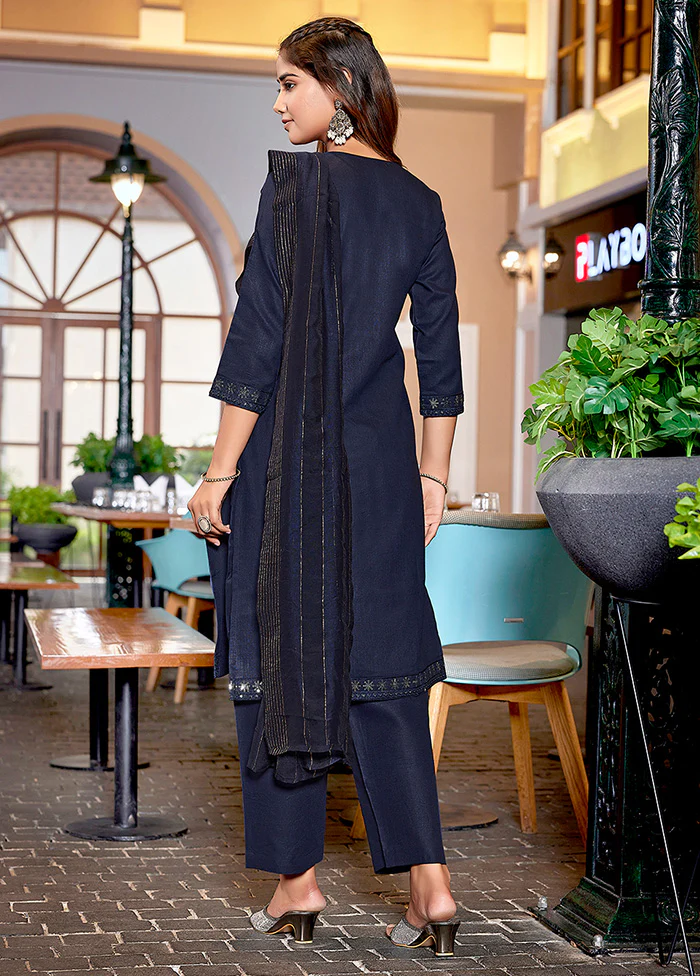 3 Pc Navy Blue Readymade Cotton Suit Set - Image 2