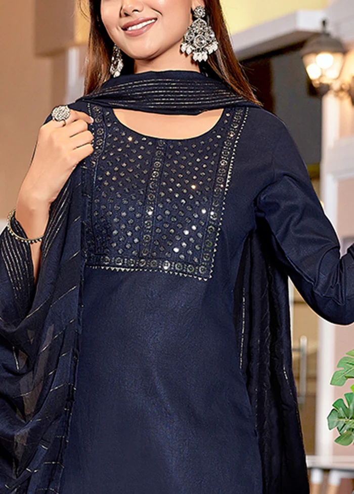 3 Pc Navy Blue Readymade Cotton Suit Set - Image 3