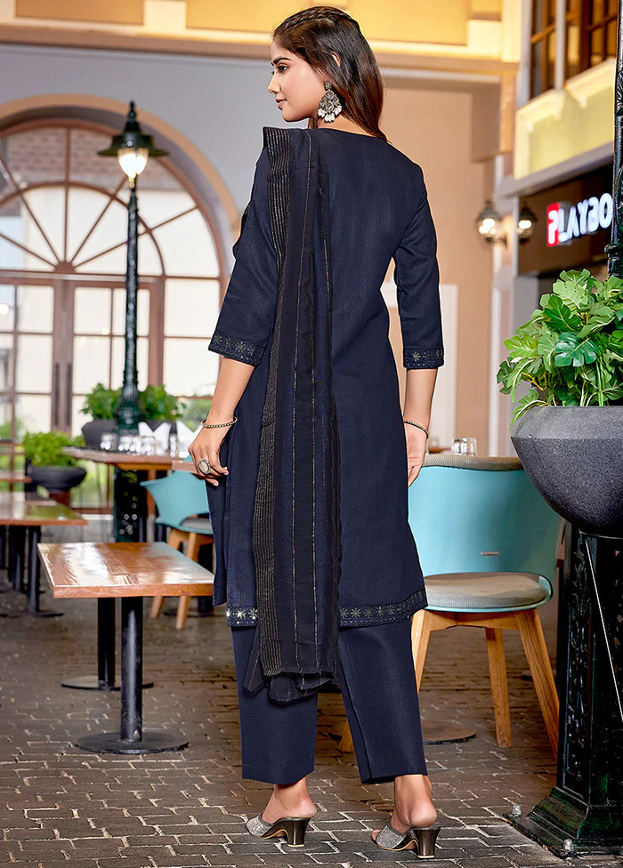 3 Pc Navy Blue Readymade Cotton Suit Set - Image 2