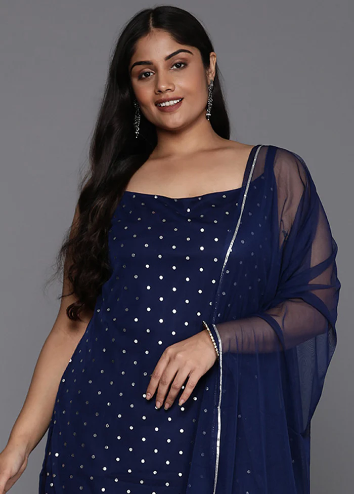 3 Pc Navy Blue Readymade Net Dupatta Suit Set - Image 2
