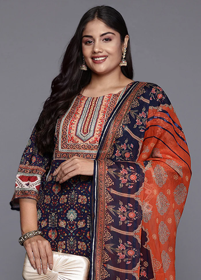3 Pc Navy Blue Readymade Silk Dupatta Suit Set - Image 2
