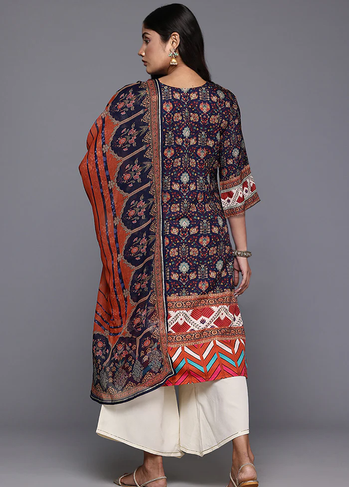 3 Pc Navy Blue Readymade Silk Dupatta Suit Set - Image 3