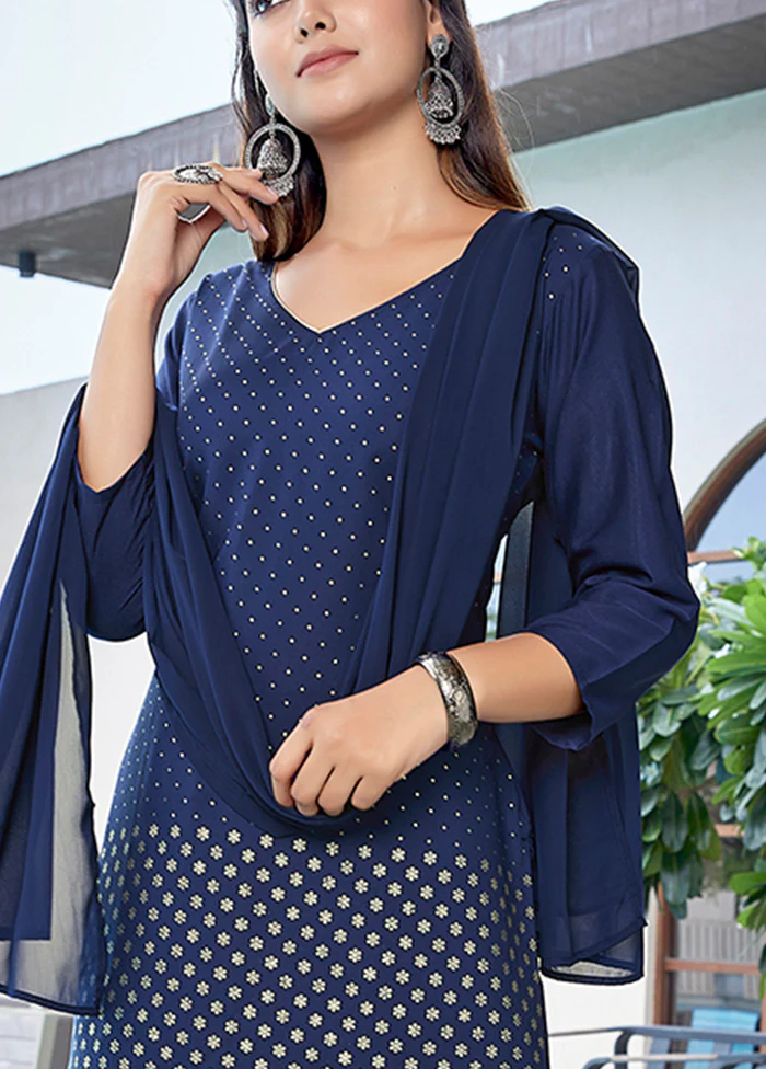 3 Pc Navy Blue Readymade Silk Suit Set - Image 3